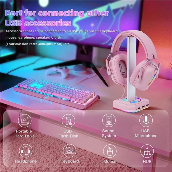 Pink Headphone Stand RGBLights Gaming Headset Holder with 3USB Port for Charging - Picture 6 of 6